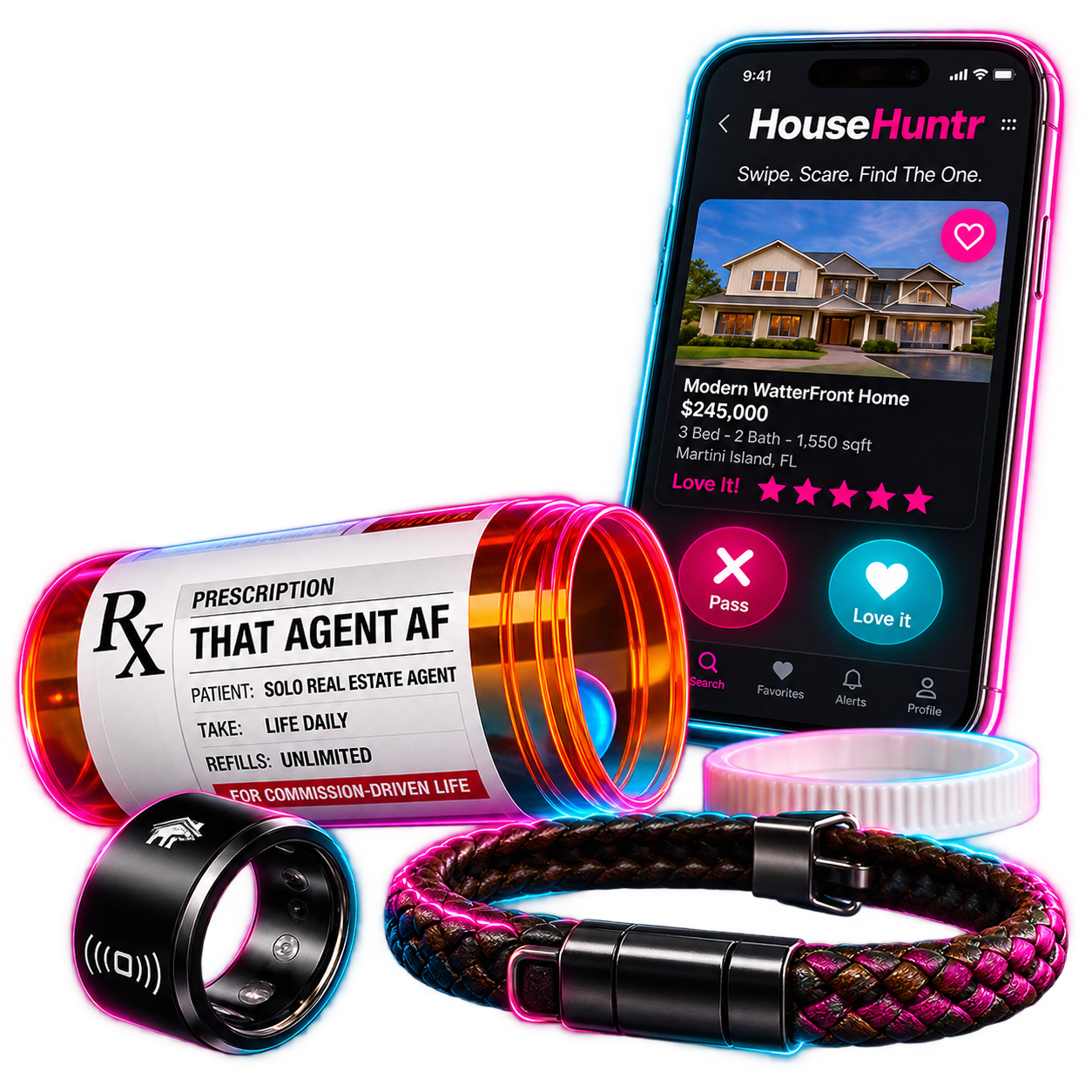 That Agent AF prescription bottle with HouseHuntr app, NFC ring and bracelet